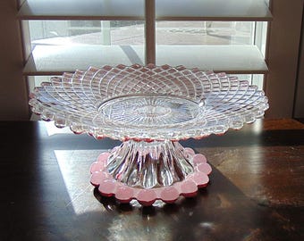 Pink Glass Dessert Stand, Dessert Pedestal, 8" Cake Plate, Made with Vintage Glass