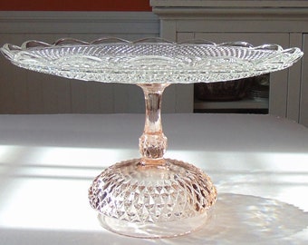 14" Large Glass Cake Stand, Peachy Pink and Clear Glass Cake Pedestal, Vintage Glass Stand, Wedding Dessert Pedestal, Pink Glass Stand