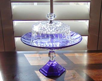 Petite Glass Cloche and Pedestal, Purple Tea Party Stand, Mini Dessert Stand with Lid, Petite Four Display