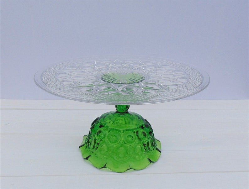 Large 13.5 Glass Cake Stand Green Glass Cake Pedestal Etsy