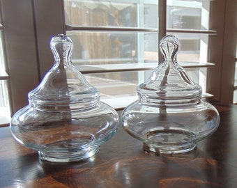 Set of 2, Vintage Glass Apothecary Jars, Small Lidded Clear Jars