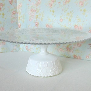 Large 16" Glass and Milk Glass, Clear Glass Cake Pedestal, Vintage Fenton Spanish Lace Milk Glass Pedestal, Wedding Cake Stand