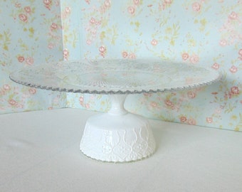 Large 16" Glass and Milk Glass, Clear Glass Cake Pedestal, Vintage Fenton Spanish Lace Milk Glass Pedestal, Wedding Cake Stand