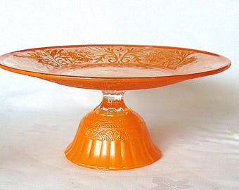 Orange Glass Cake Stand Vintage Dessert Pedestal 9 Inch Plate