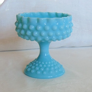 Vintage Fenton Aqua Blue Hobnail Milk Glass Compote Candy Dish