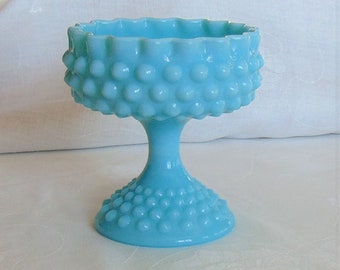 Vintage Fenton Aqua Blue Hobnail Milk Glass Compote Candy Dish