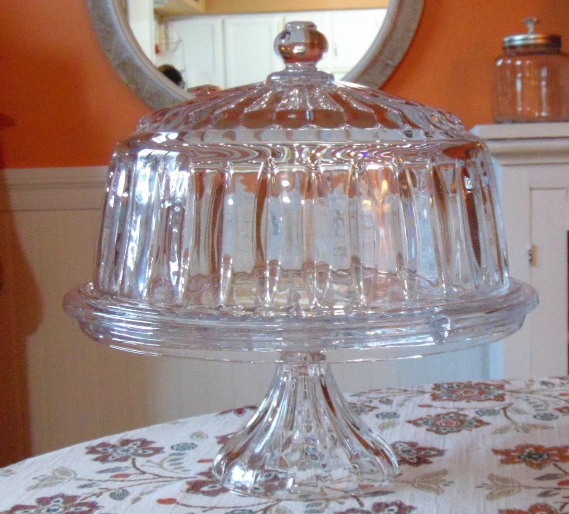 Stunning Vintage Pedestal Clear Crystal Cake plate With Dome Etsy