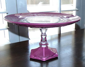 10" Deep Pink Cake Stand, Pink Wedding Cake Pedestal, Baby Pink Distressed Glass Cake Plate, Wedding Dessert Stand