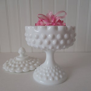 Fenton White Hobnail Milk Glass Candy Dish Lidded Compote Pedestal dish Wedding dessert table Baby shower candy bar