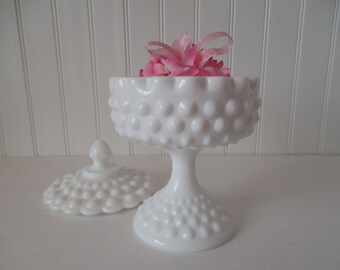 Fenton White Hobnail Milk Glass Candy Dish Lidded Compote Pedestal dish Wedding dessert table Baby shower candy bar
