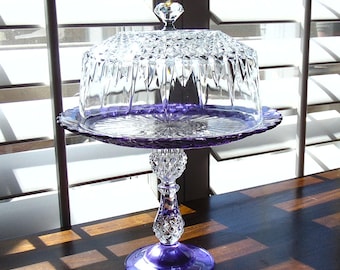Lidded Purple Cake Stand, Vintage Glass and Crystal Dessert Pedestal, Vintage Crystal and Glass Dessert Stand, Purple Stand and Dome