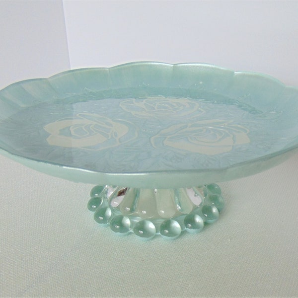 Light Aqua Blue Glass Cake Stand, 10 Inch Dessert Stand, Wedding Cake Pedestal, Aqua Blue Glass Cake Plate, Aqua Blue Baby shower