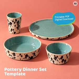 May include: A pottery dinner set including a cup, a large plate, a wide bowl, and a small bowl. Each piece features a turquoise interior and a cream-colored exterior with black speckled spots. Text reads: Printable PDF Digital Download.