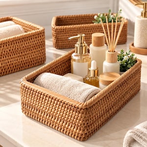 Handwoven Rattan Storage Basket, Rectangular Wicker Organizer, Natural Look Kitchen Tray, Bread Fruit Basket, Home Storage Box