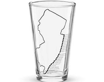 Jersey Shore Towns Pint Glass, New Jersey Map Beer Glass, Sandy Hook to Cape May, Wildwood NJ Gift