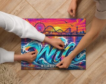 Wildwood NJ Neon Sunset Jigsaw Puzzle, Retro Boardwalk Wave Puzzle, Jersey Shore Gift, 252 or 520 Piece Puzzle, Beach House Game Night
