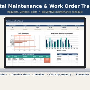 Rental Maintenance Tracker, Work Order Log Spreadsheet, Maintenance Request Tracker, Landlord Repair Log, Property Mgmt, Excel Google Sheets