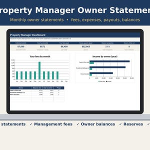 May include: A digital property manager owner statement dashboard displayed on a laptop screen. The interface features financial data, including monthly owner statements, fees, expenses, payouts, and balances, with bar charts and tables showing income by owner.