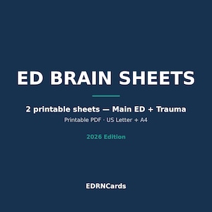 May include: A dark blue digital graphic with white text reading ED BRAIN SHEETS, 2 printable sheets — Main ED + Trauma, Printable PDF · US Letter + A4, 2026 Edition, and EDRNCards. A horizontal teal line separates the title from the subtitle.