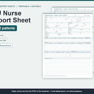 May include: A digital ICU Nurse Report Sheet template featuring sections for patient systems and hourly flow. The document includes fields for medical data, vitals, and notes, presented in a clean, organized layout with blue headers and lines.