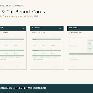 May include: Three digital report card templates for pets, titled Dog & Cat Report Cards, featuring sections for daily updates, health, and activities. The designs include dark green headers with paw print icons, light green accents, and text fields.