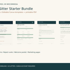Peut inclure: Un ensemble de démarrage pour pet sitter en téléchargement numérique comprenant 26 pages de modèles Canva modifiables et PDF imprimables. Il inclut des formulaires clients, des rapports, un kit d'accueil et des pages marketing.