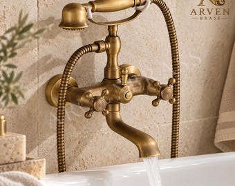Brass Wall Mount Tub Faucet with Hand Shower, Victorian Bathtub Mixer Tap, Aged Brass Bathroom Fixture, Dual Handle Bath Faucet