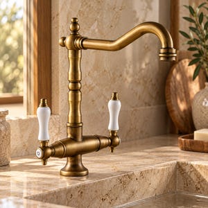 May include: A bridge-style kitchen faucet with an antique brass finish, featuring a high-arched swivel spout and two white ceramic lever handles. The faucet body has a cylindrical design with decorative detailing at the base and top.