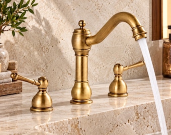 Brass Widespread Bathroom Faucet, 3 Hole Vanity Sink Faucet, Brushed Gold Basin Mixer Tap, Traditional Double Handle Faucet
