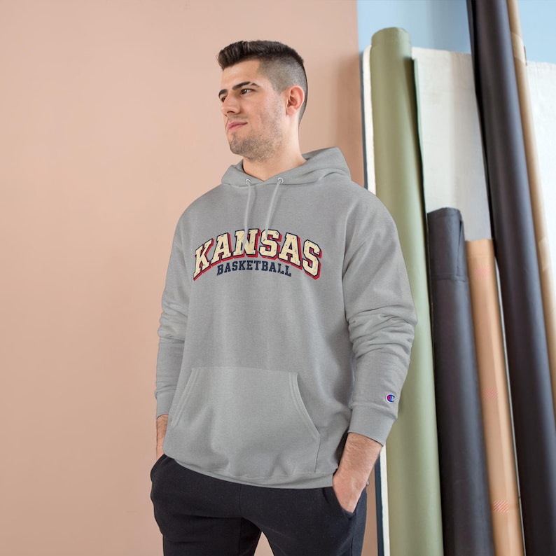 Kansas Basketball Hoodie, Champion Hooded Sweatshirt, Vintage Arch Kansas Hoodie, Royal Blue or Grey, Game Day Sweatshirt, Kansas Fan Gift image 5