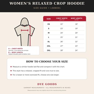 May include: A size guide for a relaxed crop hoodie labelled LS88001. It features a diagram showing chest width and body length measurements, a table listing sizes XS to 3XL with corresponding measurements in inches, and instructions.