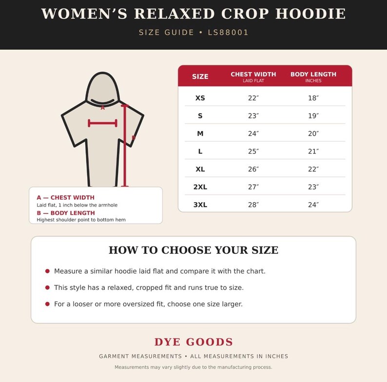 May include: A size guide for a relaxed crop hoodie labelled LS88001. It features a diagram showing chest width and body length measurements, a table listing sizes XS to 3XL with corresponding measurements in inches, and instructions.