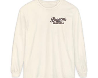 Broncos Football Long Sleeve Tee, Orange and Navy Bronco Mascot Shirt, Football Fan Gift, Comfort Colors Game Day Shirt