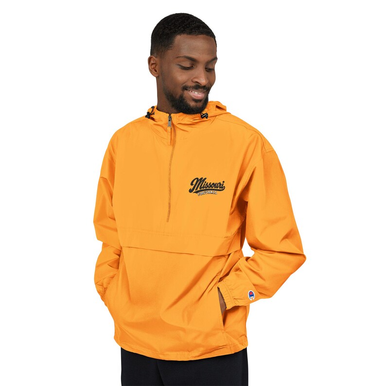 Missouri Football Embroidered Anorak Jacket, Champion Packable Pullover Windbreaker, Vintage Script Missouri Game Day Jacket, Gold image 3