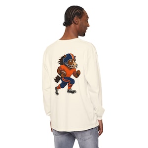 Broncos Football Long Sleeve Tee, Orange and Navy Bronco Mascot Shirt, Football Fan Gift, Comfort Colors Game Day Shirt image 4