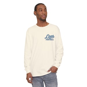 Lions Football Long Sleeve Tee, Retro Mascot Shirt, Comfort Colors Game Day Tee, Blue and Silver Lion Running Back, Football Fan Gift image 3