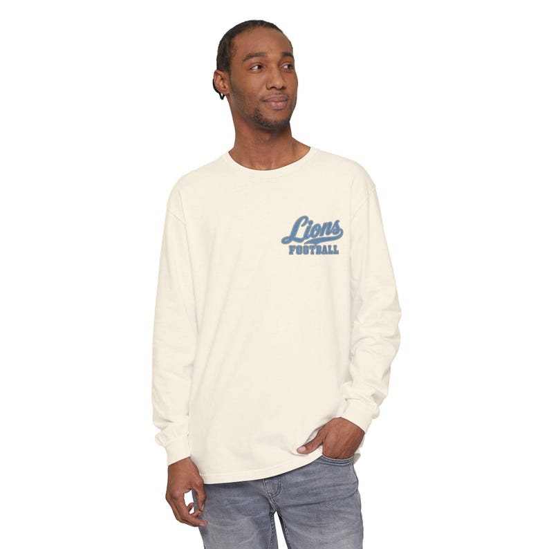 Lions Football Long Sleeve Tee, Retro Mascot Shirt, Comfort Colors Game Day Tee, Blue and Silver Lion Running Back, Football Fan Gift image 3