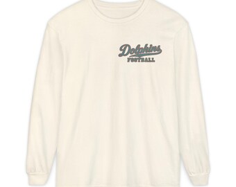 Dolphins Football Long Sleeve Tee, Retro Mascot Shirt, Comfort Colors Game Day Tee, Aqua and Orange Dolphin Running Back, Football Fan Gift