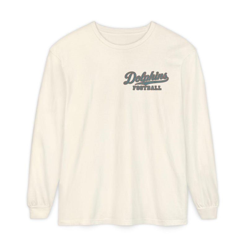 Dolphins Football Long Sleeve Tee, Retro Mascot Shirt, Comfort Colors Game Day Tee, Aqua and Orange Dolphin Running Back, Football Fan Gift bild 1