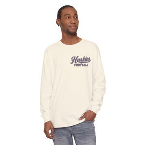 Huskies Football Long Sleeve Tee, Purple and Gold Husky Mascot Shirt, Football Fan Gift, Comfort Colors Game Day Shirt image 3