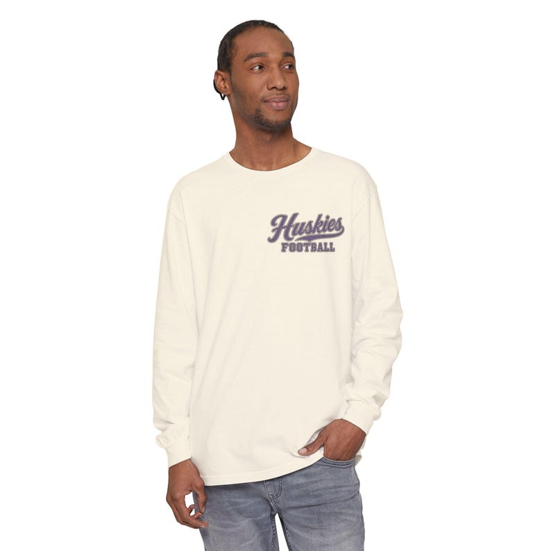 Huskies Football Long Sleeve Tee, Purple and Gold Husky Mascot Shirt, Football Fan Gift, Comfort Colors Game Day Shirt image 3