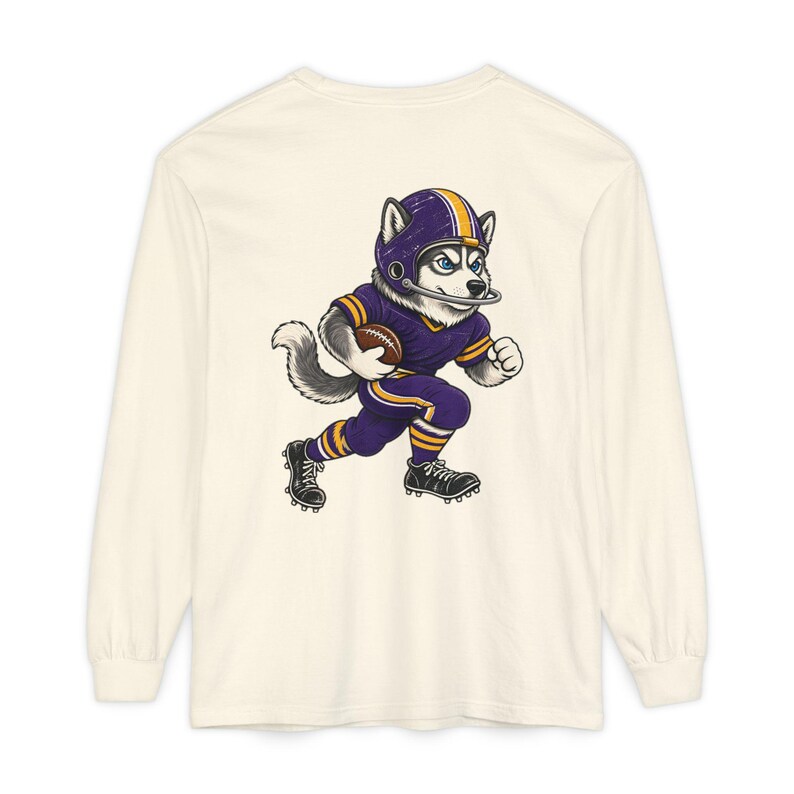Huskies Football Long Sleeve Tee, Purple and Gold Husky Mascot Shirt, Football Fan Gift, Comfort Colors Game Day Shirt image 2
