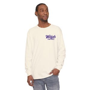 Wildcats Football Long Sleeve Tee, Retro Mascot Shirt, Comfort Colors Game Day Tee, Purple Wildcat Running Back, Football Fan Gift image 3