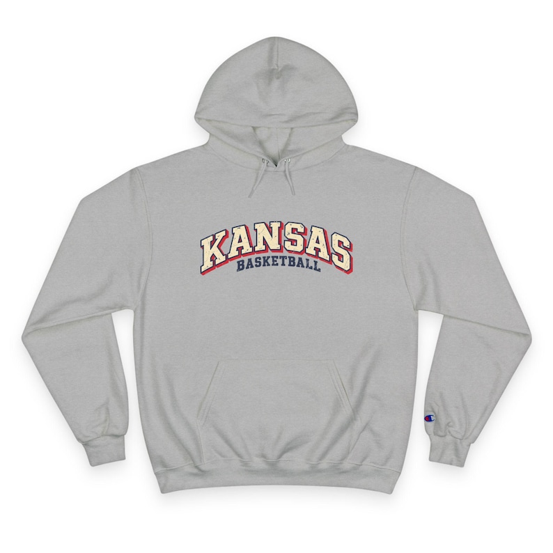 Kansas Basketball Hoodie, Champion Hooded Sweatshirt, Vintage Arch Kansas Hoodie, Royal Blue or Grey, Game Day Sweatshirt, Kansas Fan Gift image 1