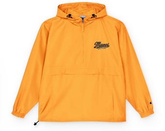 Chaqueta anorak bordada de fútbol americano de Missouri, cortavientos Champion plegable, chaqueta de día de partido de Missouri con escritura vintage, color dorado.