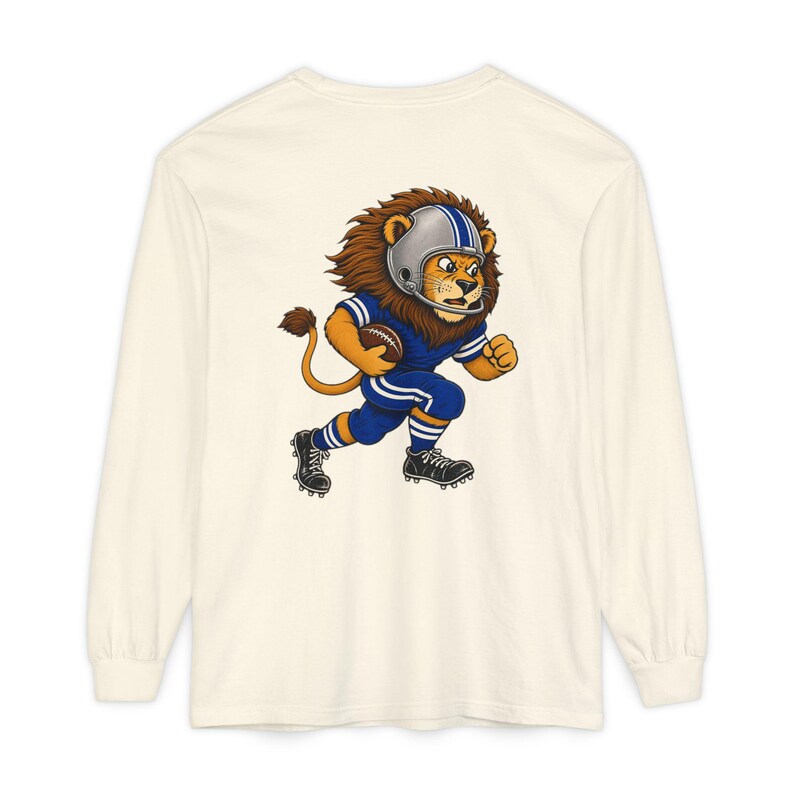 Lions Football Long Sleeve Tee, Retro Mascot Shirt, Comfort Colors Game Day Tee, Blue and Silver Lion Running Back, Football Fan Gift image 2