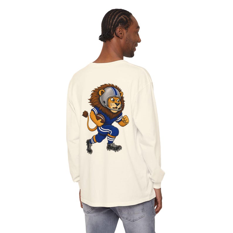 Lions Football Long Sleeve Tee, Retro Mascot Shirt, Comfort Colors Game Day Tee, Blue and Silver Lion Running Back, Football Fan Gift image 4