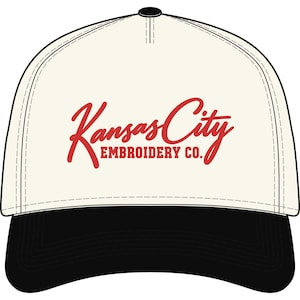 Kansas City Embroidery Co. Hat, Red Script KC Cap, Embroidered Kansas City Hat, Cream and Red Baseball Cap, KC Gift image 1