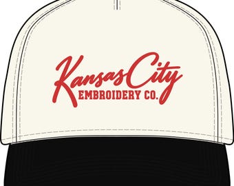 Kansas City Embroidery Co. Hat, Red Script KC Cap, Embroidered Kansas City Hat, Cream and Red Baseball Cap, KC Gift