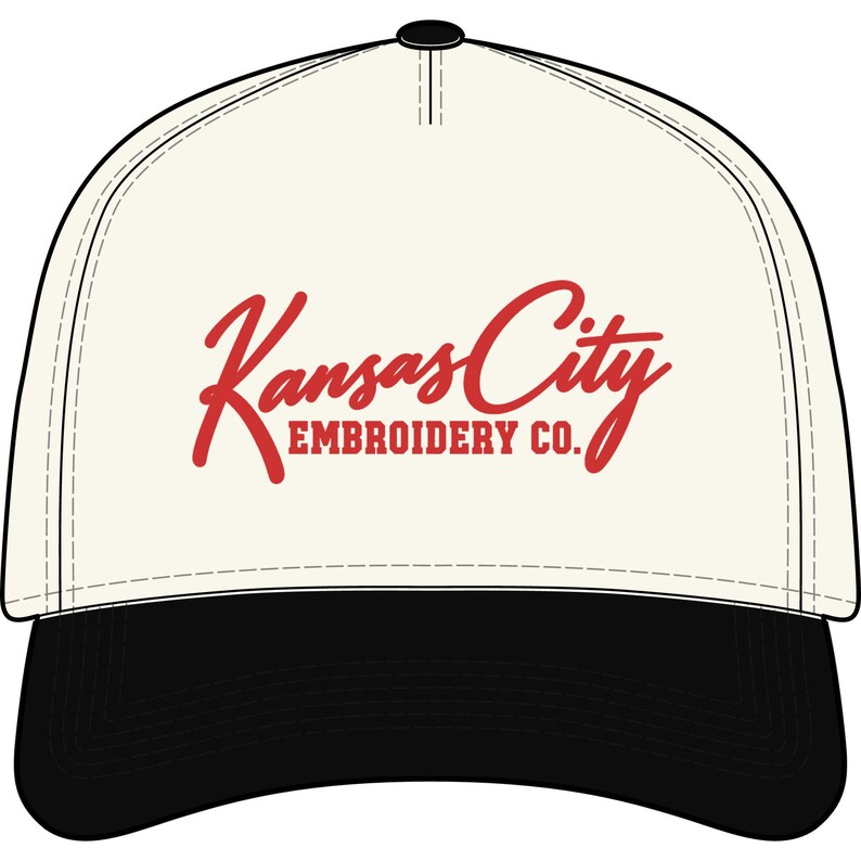 Kansas City Embroidery Co. Hat, Red Script KC Cap, Embroidered Kansas City Hat, Cream and Red Baseball Cap, KC Gift image 1